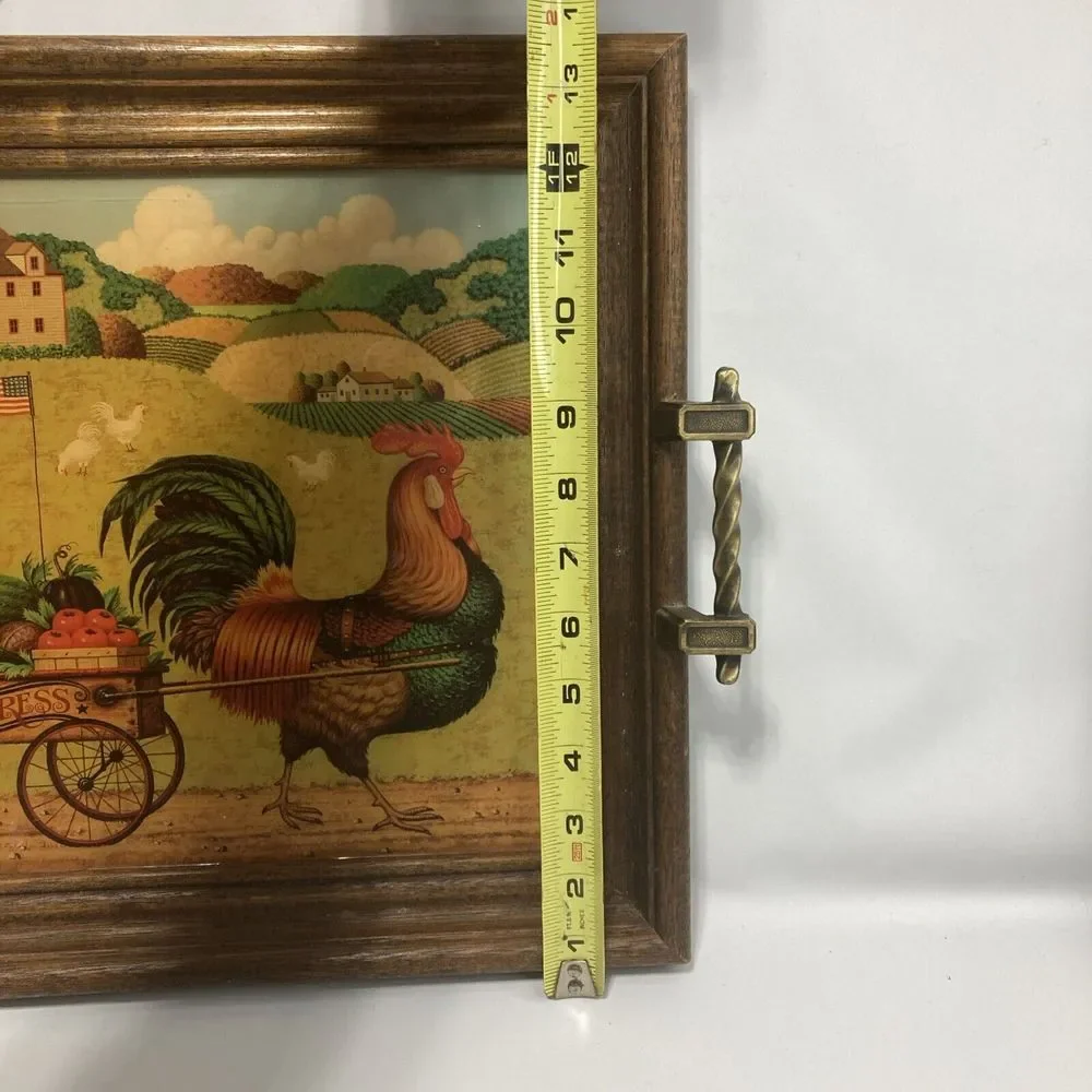 VTG Charles Wysocki Rooster Express Wood Lacquered Service Tray Wall Art Cottage